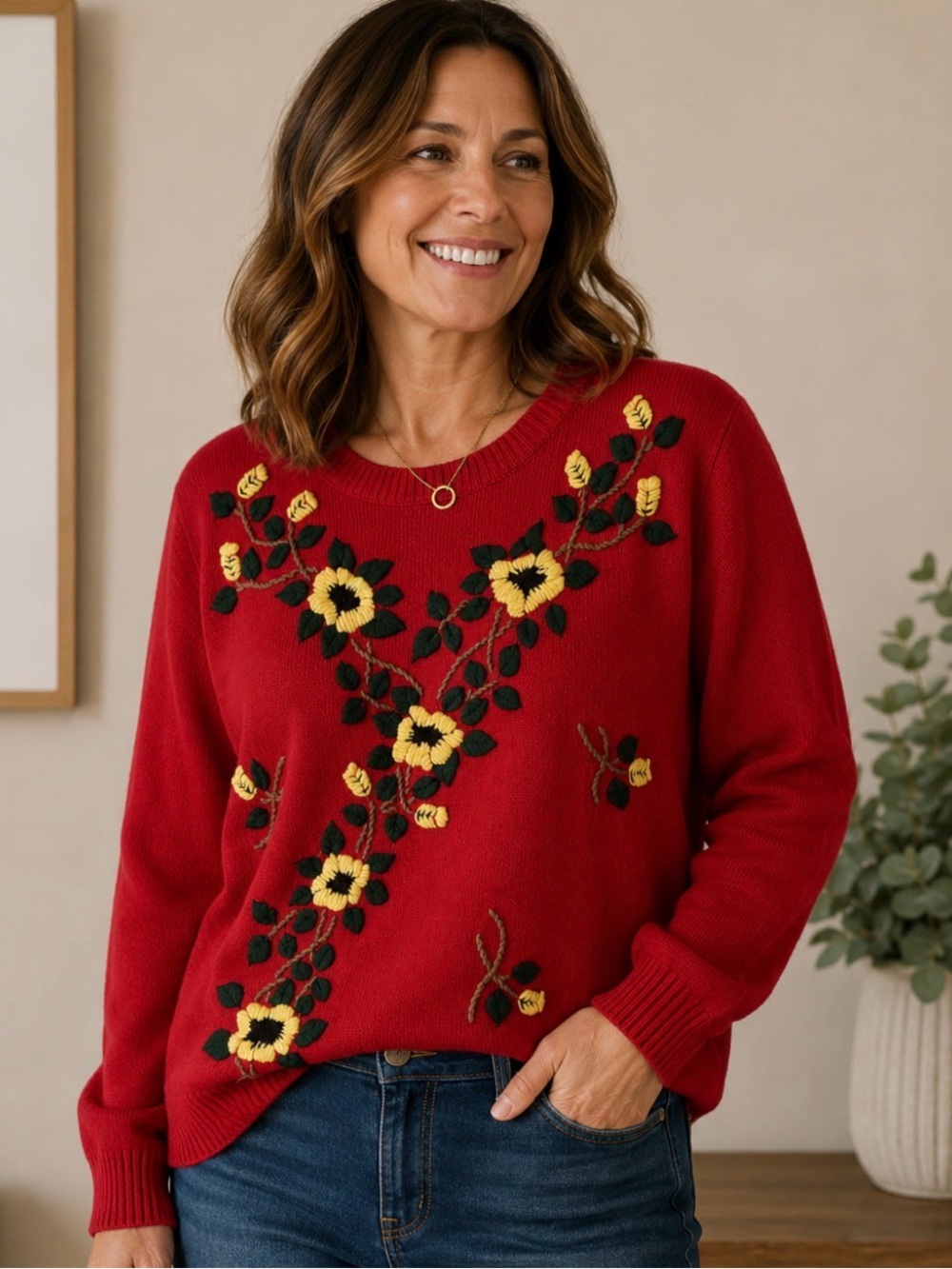 Grandmacore Red Knit Sweater Yellow Green Floral Size Med Cottagecore Pullover